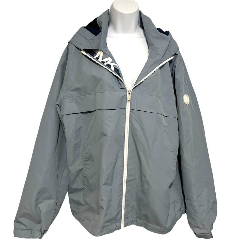 Michael Kors Light Grey Zip Logo Hooded Windbreaker Rain Jacket Size XL Street